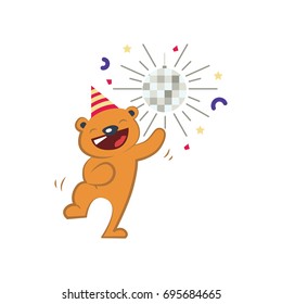 Cute bear dancing with a birthday hat under a disco ball. Children and baby cartoon.