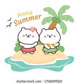 Cute bear dancing on island hand drawn background.Aloha summer writing.Cartoon animal character design.Doodle.Sea beach.Vector.Illustration.