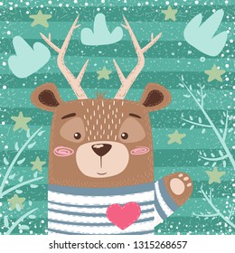 Cute bear, deer cartoon illustration. Hand draw