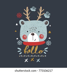 cute  bear with deer horns /hand drawn vector illustration/can be used for kid's or baby's shirt design/ fashion print design/ fashion graphic/ t-shirt/ kids wear/tee