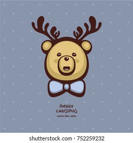 Cute bear with deer horns. Vector illustration. Funny cartoon character. Template for greeting card and holiday decoration.