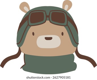 A cute bear is depicted wearing a green aviator helmet with goggles.  The friendly mammal is shown in a simple and charming drawing style. Cartoon vector illustration