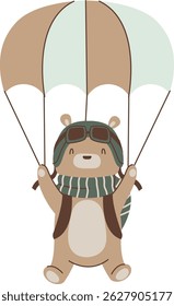A cute bear descends under a parachute with goggles and scarf.  This adorable aviator enjoys a thrilling airborne escapade. Cartoon vector illustration