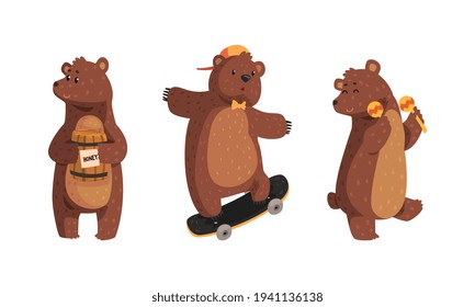 Cute Bear in Different Actions Set, Funny Cheerful Woodland Animal Character Cartoon Vector Illustration