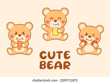 Cute bear in different activities: drinking juice, eating bread and cookies. animal food icon concept. mascot design illustration. vector design character set