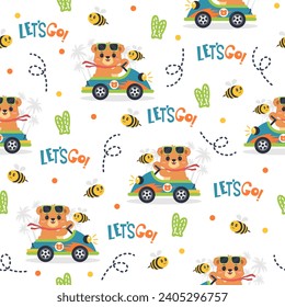 Cute Bear Diving Car Cartoon Vector Pattern Designs.