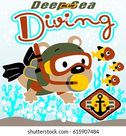 Cute bear diving with marine animals, vector cartoon illustration