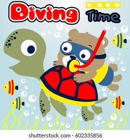 Cute bear diving with turtle and fishes, vector cartoon illustration