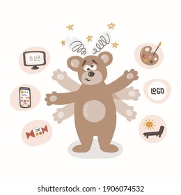 Cute bear with a dizziness and stars above head. He confused, puzzle-headed cause had to make a difficult choice. Vector wild animal hand drawn with textures in a trendy pastel colors with icons.