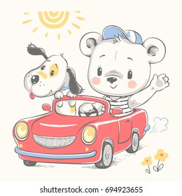 Cute bear and a dog driving the car cartoon hand drawn vector illustration. Can be used for t-shirt print, kids wear fashion design, baby shower invitation card.