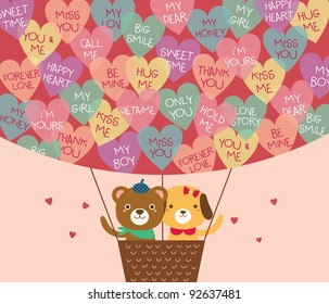 Cute Bear and Dog in A Hot Air Balloon with A Lot of Heart Shapes. Valentine's Day.