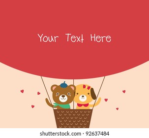 Cute Bear and Dog in A Hot Air Balloon. Valentine's Day.