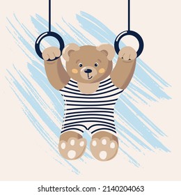 Cute bear is doing gymnastics on the rings