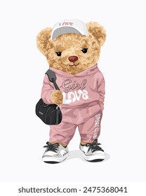 cute bear doll in athletic sweat suit and sport bag vector illustration