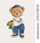 cute bear doll in badge t shirt holding jacket vector illustration