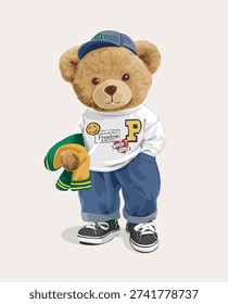 cute bear doll in badge t shirt holding jacket vector illustration