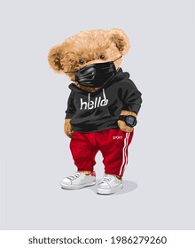 cute bear doll in black face mask and track pant vector illustration