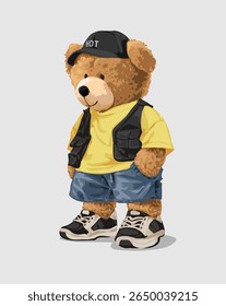 boneca de urso bonito em colete preto e jeans shorts e tênis ilustração vetor