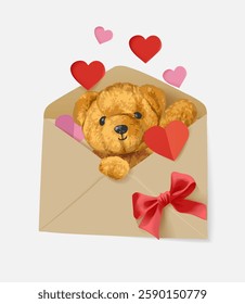 cute bear doll in brown envelop and paper hearts vector illustration - created by hand drawn