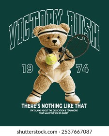 Cute bear doll in classic tennis fashion style vector illustration. Tennis girl slogan with cute gilry bear doll tennis player vector illustration. Adorable teddy bear doll tennis player hand drawn.