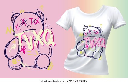 muñeca de oso lindo con fondo colorido y texto 