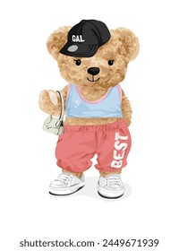 cute bear doll in colorful sweat pant fashion style hand drawn vector illustration