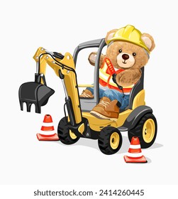 adorable trabajador de construcción de muñecas de oso enjuague excavadora ilustración vectorial de mano