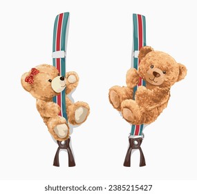 cute bear doll couple hanging on suspender vector illustration