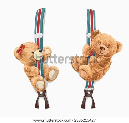 cute bear doll couple hanging on suspender vector illustration