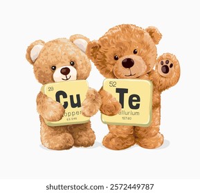 cute bear doll couple holding periodic letter showing cute vector illustration