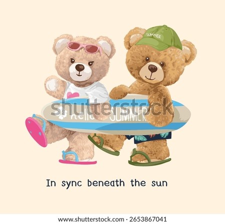 cute bear doll couple holding surfboard vector illustration
