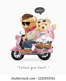 linda pareja de muñecas de oso que se monta en rosa scooter vector ilustración