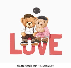 Cute Bear Doll Couple Sitting On Love Slogan Vector Illustration