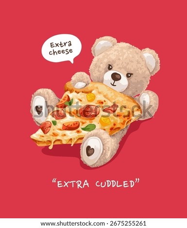 cute bear doll covered by a slice of pizza vector illustration