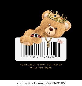 cute bear doll in crown climbing barcode tag vector illustration on black background