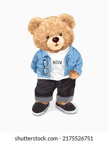 cute bear doll in denim fashion style vector illustration