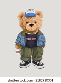 cute bear doll in denim jacket and cargo pant vector illustration svg