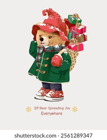 cute bear doll in elf costume carrying prersents vector illustration