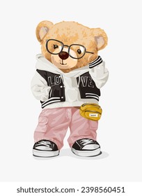 cute bear doll in fashion style and glasses vector illustration