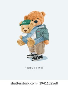 cute bear doll father and son in front carrier vector illustration