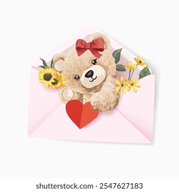 bonitinho urso boneca e flores em rosa carta de amor vetor ilustração