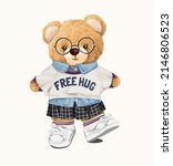 cute bear doll in free hug sweater vector illustration