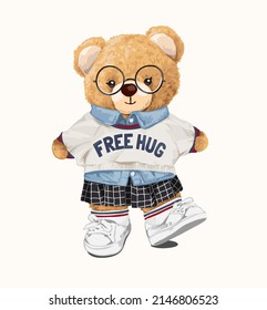 cute bear doll in free hug sweater vector illustration