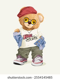 cute bear doll freestyle t-shirt street wear vector illustration