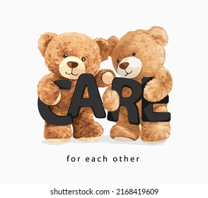 cute bear doll friends holding care slogan vector illustration