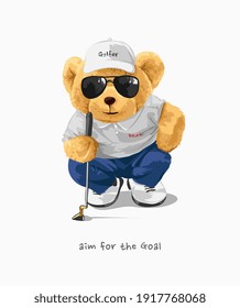 cute bear doll golfer aiming for shot illustration