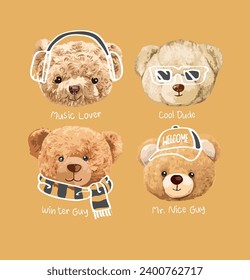 cute bear doll head in different style vector illustration