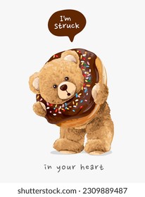 cute bear doll head struck in chocolate donuts vector illustration