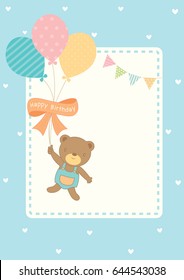 Cute bear doll hold balloons decorated with ribbon and buntings design for Happy Birthday card on blue pastel template background.