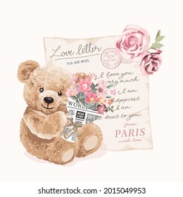 cute bear doll holding bouquet of flowers on love letter background vector illustration